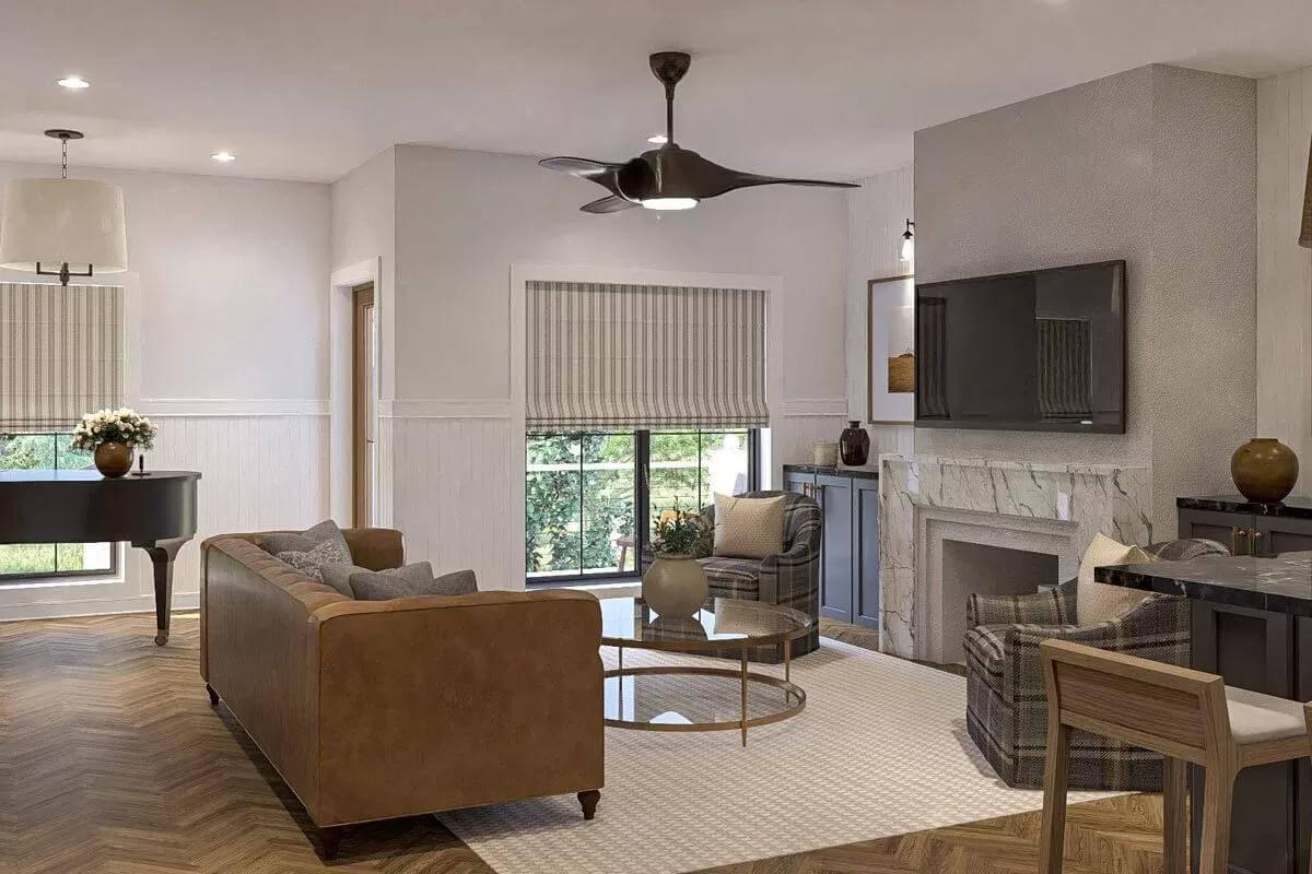 Elegant Family Room with Textured Fan and Marble Fireplace