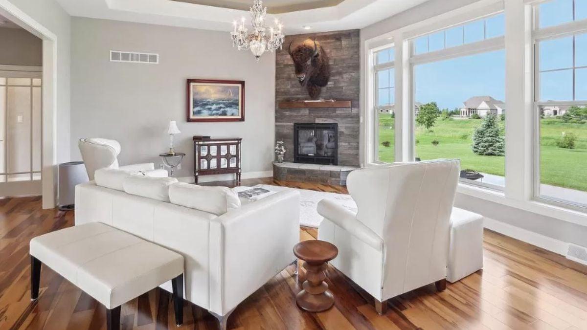Notice the Unique Bison Mount Above the Stone Fireplace