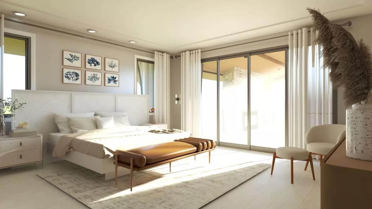 Spacious Bedroom with Sliding Glass Doors and Botanical Accents