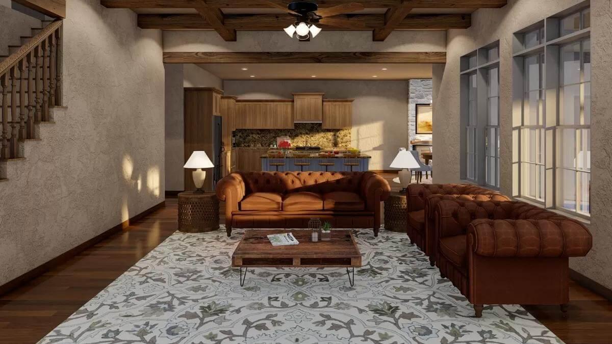 Elegant Open-Plan Living Room with Rustic Beam Ceilings