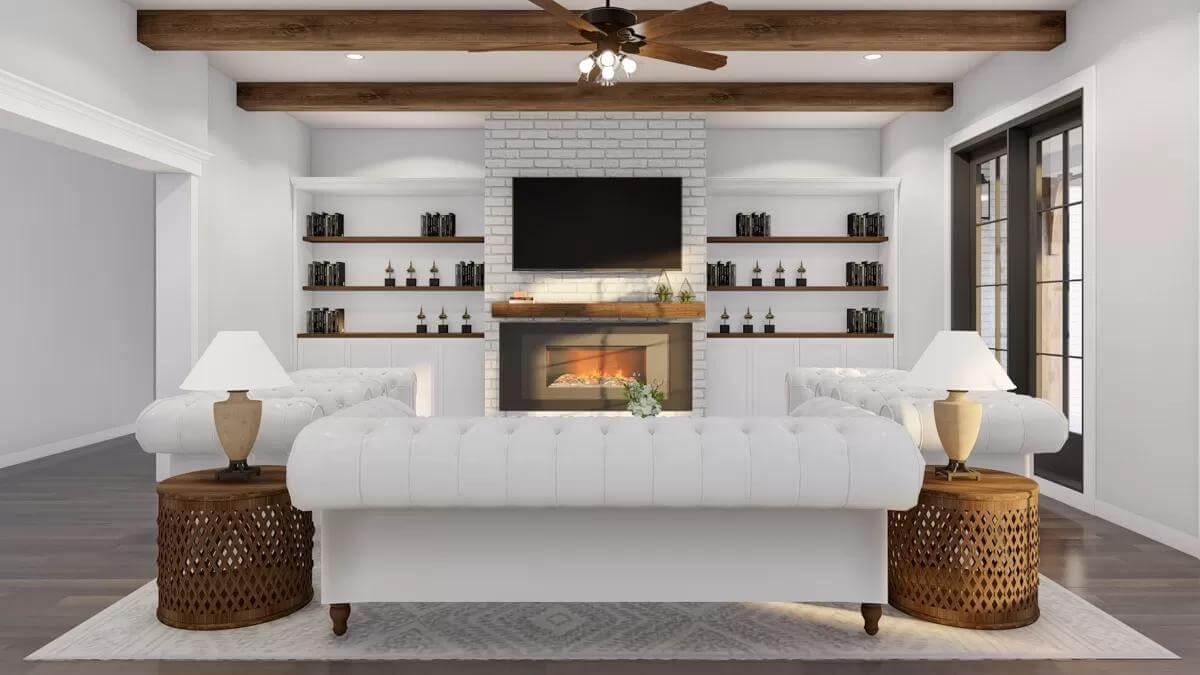 Notice the Brick Fireplace Flanked by Built-In Shelves in This Cozy Living Room