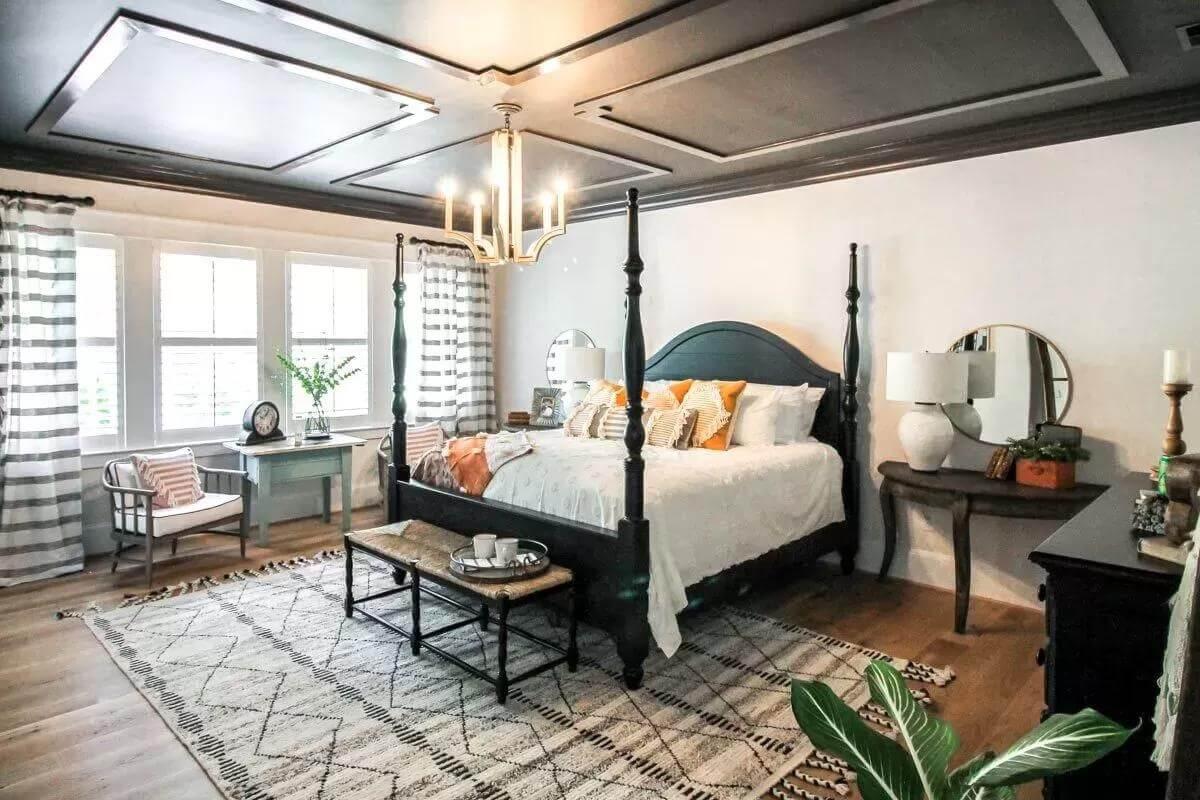Cozy Bedroom Retreat with a Striking Four-Poster Bed and Bold Ceiling Design