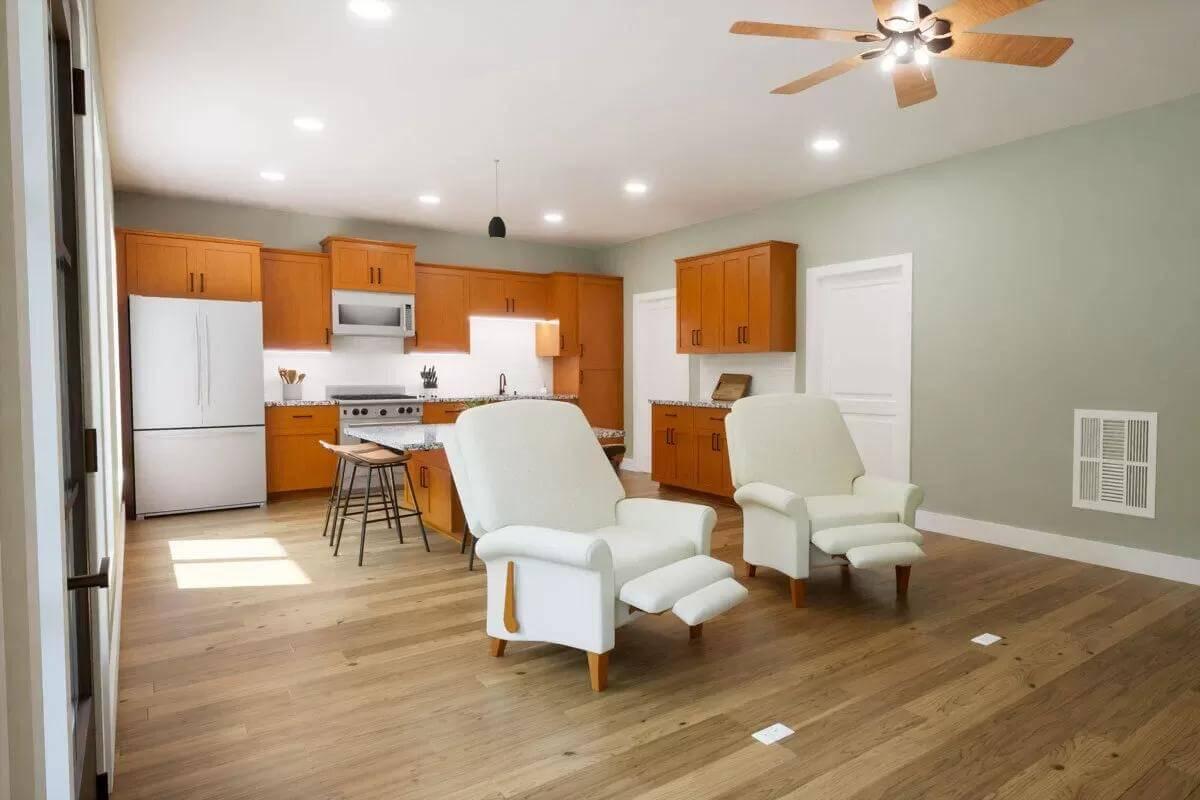 Open Kitchen Living Space Featuring Warm Wood Tones