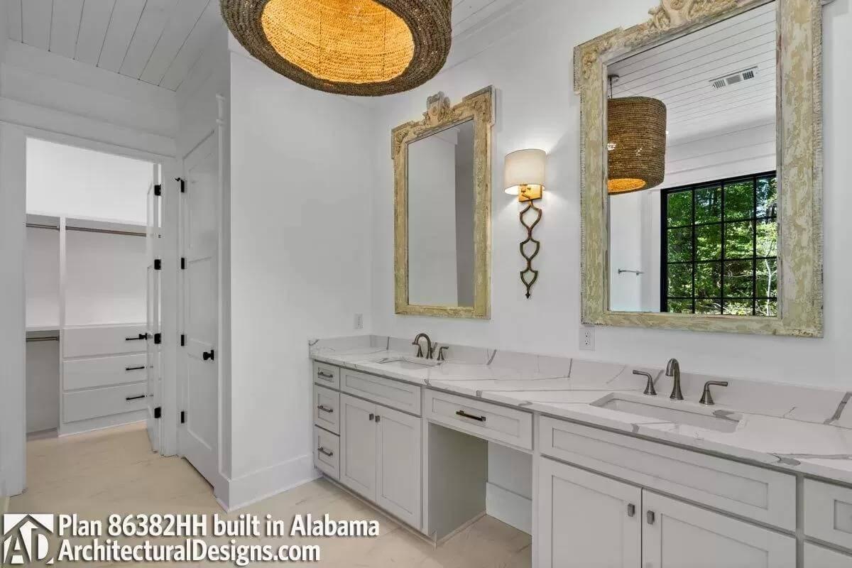 Elegant Bathroom with Dual Vanities and Rustic Mirrors
