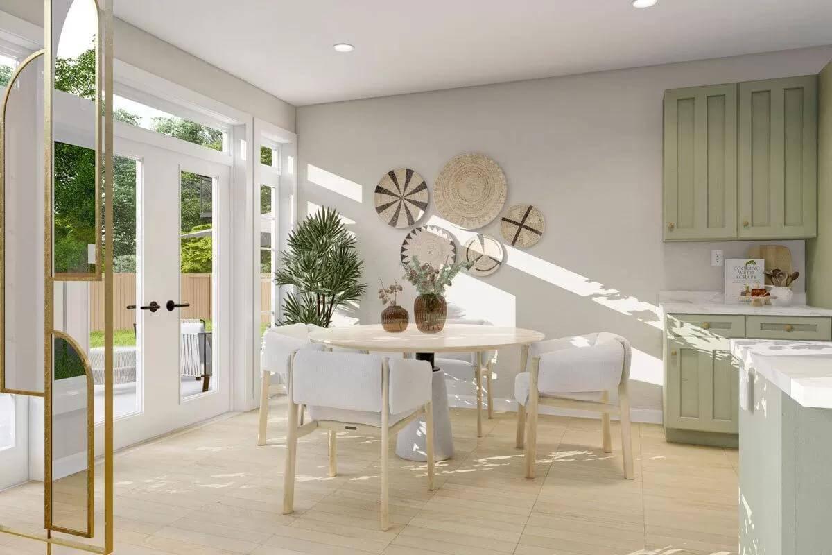 Sunlit Breakfast Nook with Double French Doors and Soft Green Cabinetry