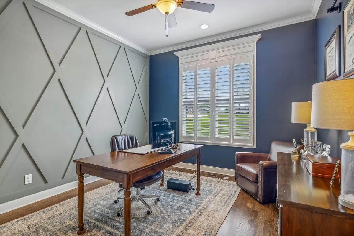 Notice the Stylish Geometric Accent Wall in This Home Office