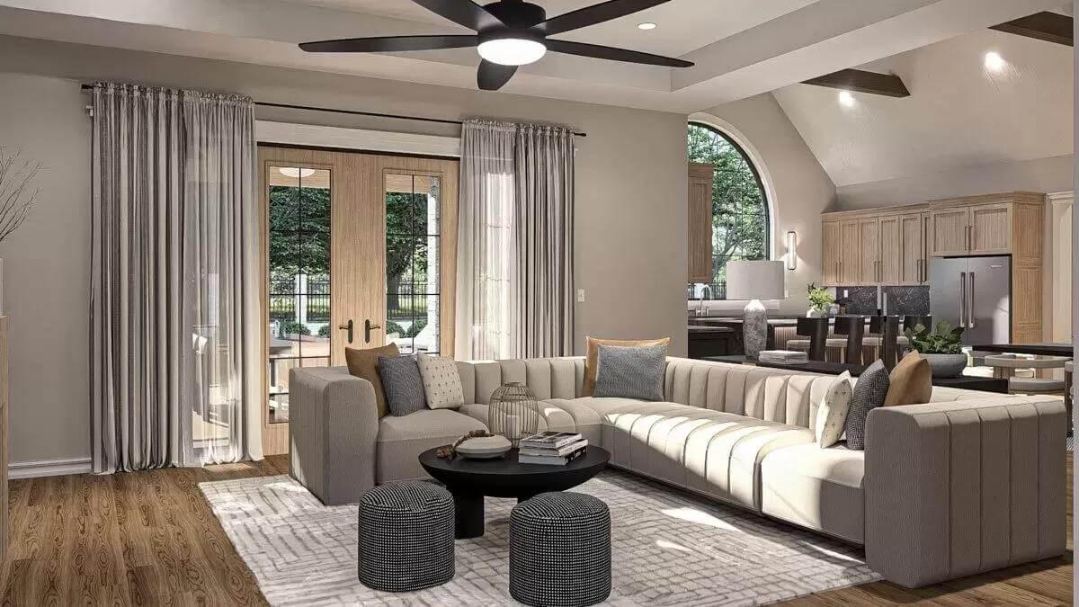 Craftsman Living Room with Expansive Glass Doors and Arch Window