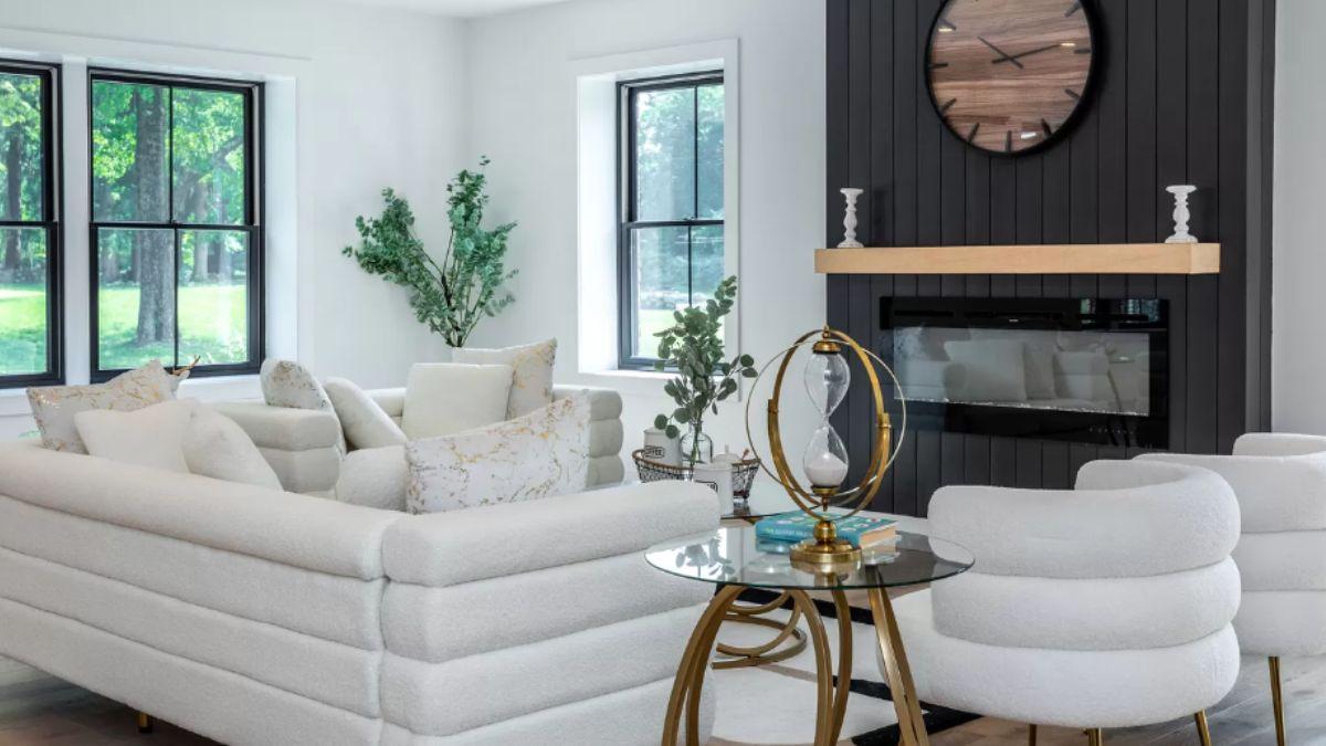 Look at This Sophisticated Living Room with a Bold Shiplap Fireplace Wall