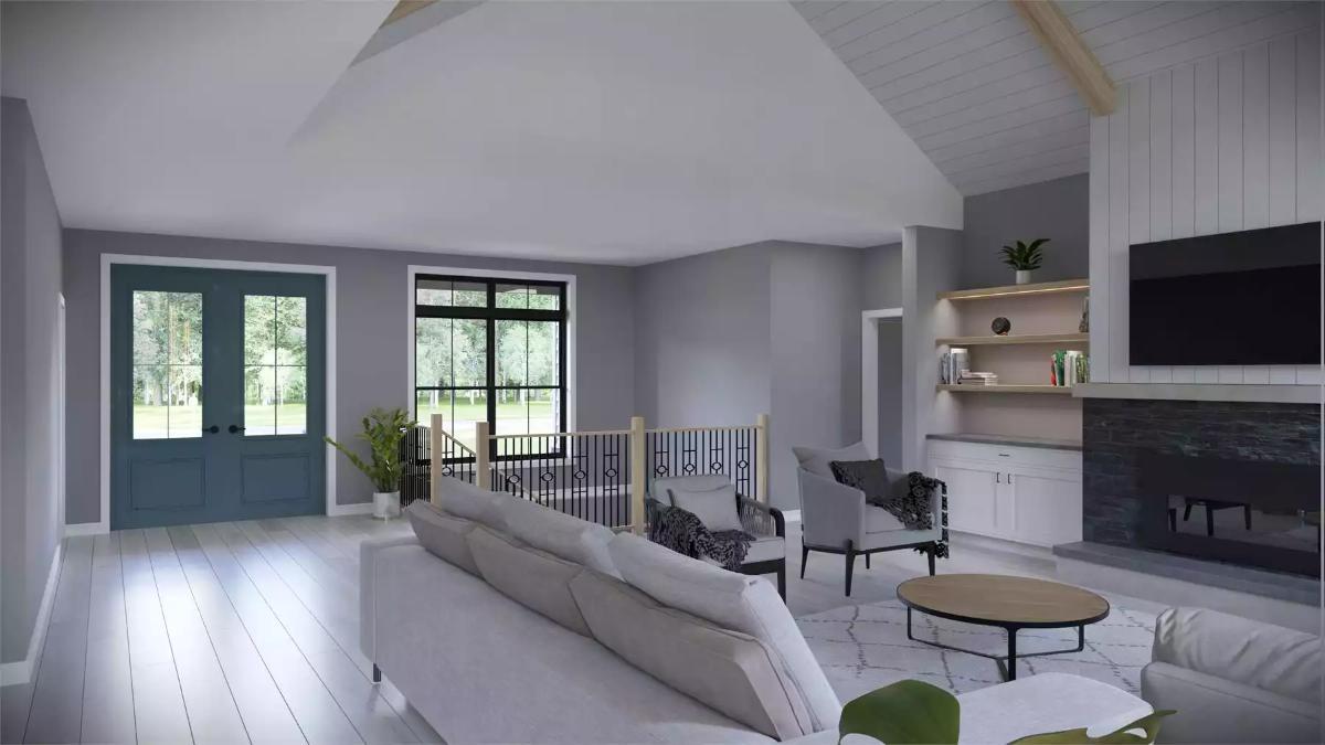 Sleek Built-in Shelves Highlight the Modern Craftsman Living Room