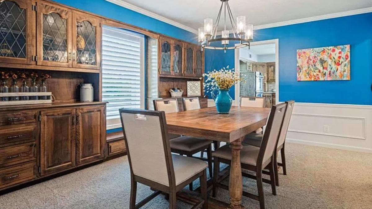 Rustic Dining Room Highlighting Rich Woods and Bold Colors