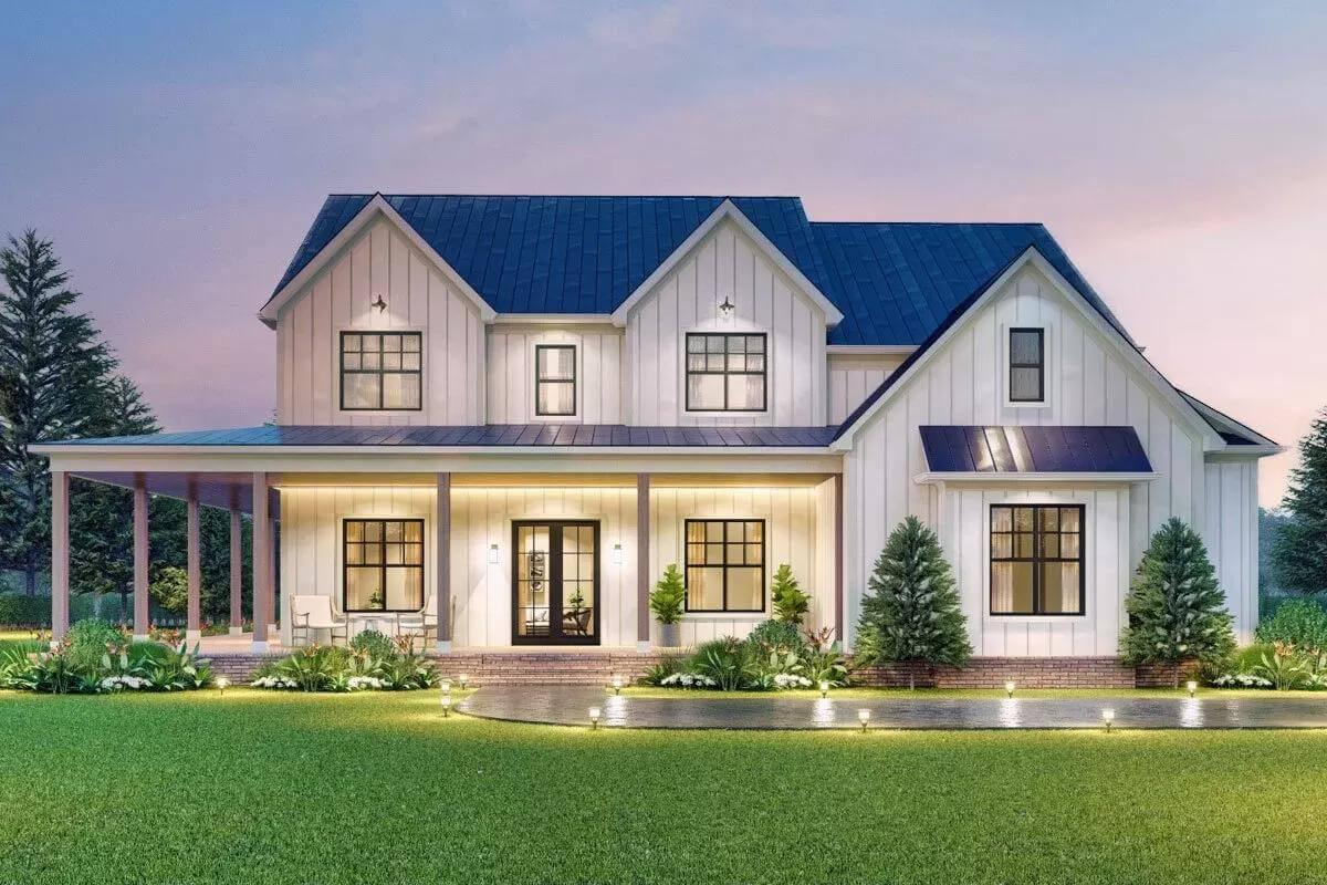 Farmhouse Facade with a Wraparound Porch for Relaxed Evenings
