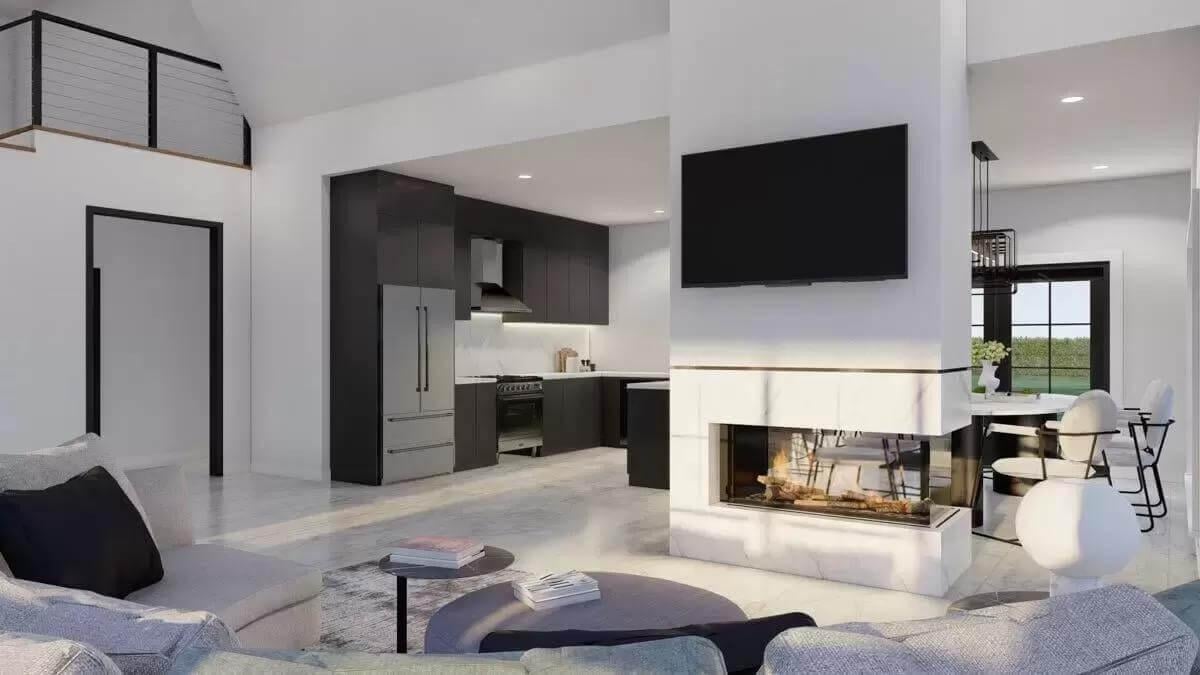 Notice the Double-Sided Fireplace Anchoring This Modern Space