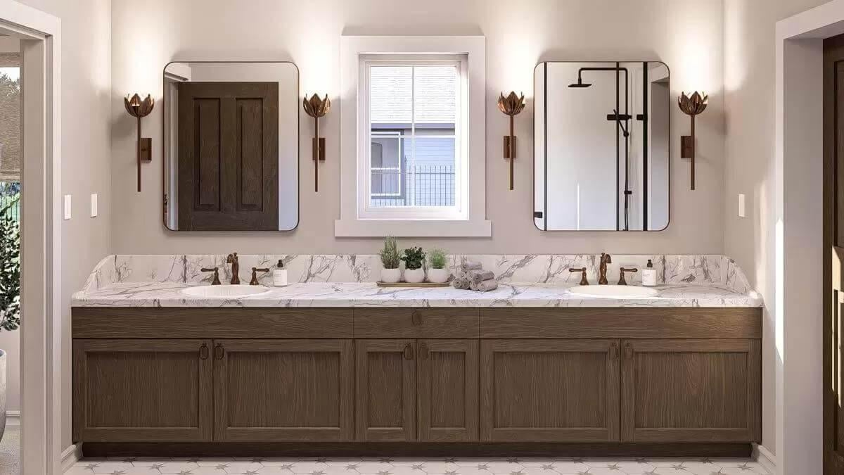 Admire the Craftsman Touch with This Double Vanity and Elegant Marble Backsplash