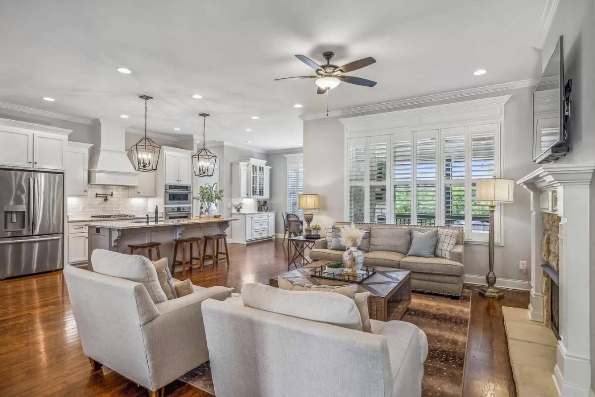 Look at the Seamless Kitchen and Living Room Integration with Elegant Details