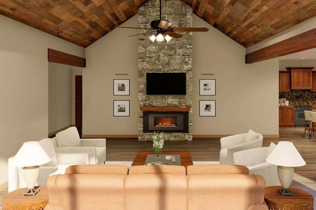 Rustic Craftsman Vibe with Stone Fireplace and Wood Planked Ceilings