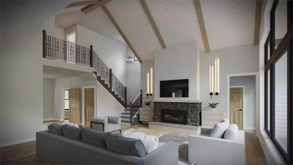 Vaulted Great Room with Striking Fireplace and Modern Railings