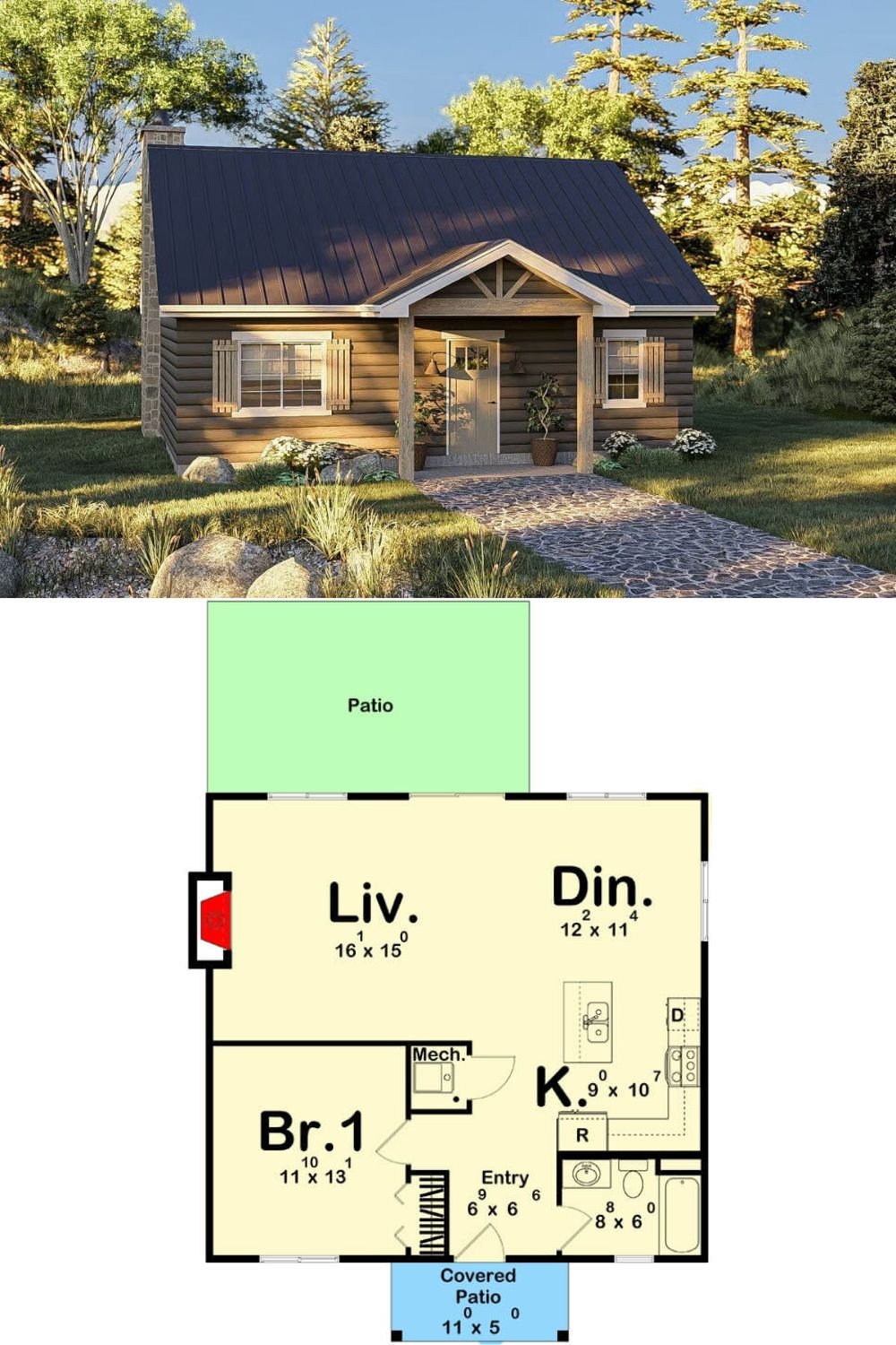 This charming cabin-style home exudes rustic appeal with its log siding exterior and classic gabled roof. The covered front porch welcomes visitors with exposed wood beams and a craftsman-style entry door. Symmetrically placed windows with wooden shutters add warmth and character, while the neutral color palette of the facade harmonizes beautifully with the natural surroundings.