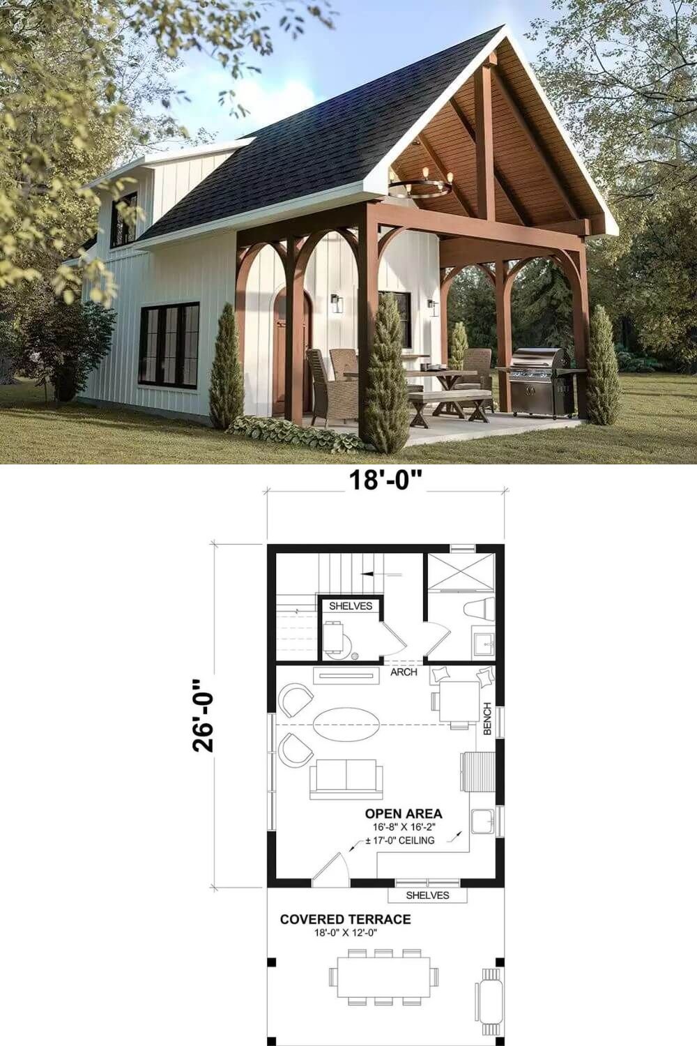 This cottage-style ADU offers a charming and inviting exterior with a steeply pitched gable roof and board-and-batten siding, accented by decorative wood trusses and arched timber brackets on the covered terrace. The terrace extends the living space outdoors with ample room for seating and a built-in grill area, making it ideal for relaxing or entertaining beneath the shelter of the tall roofline.