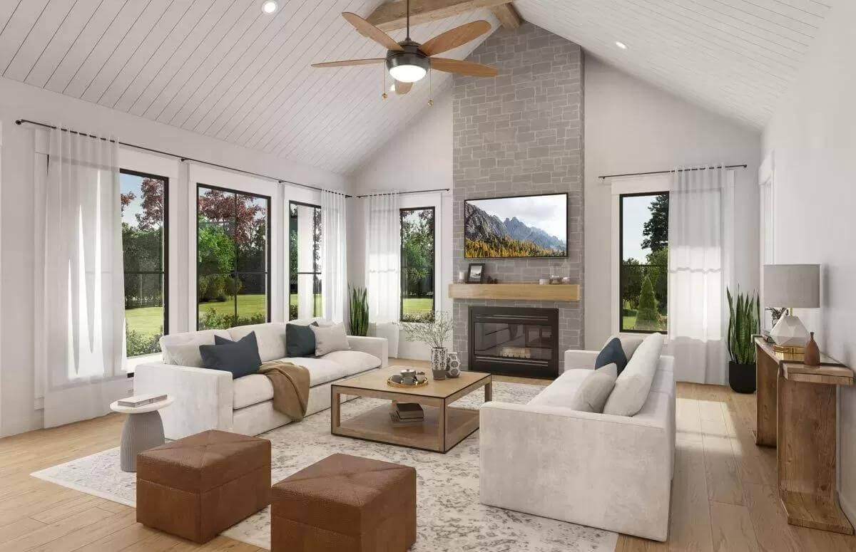 Enjoy the Vaulted Ceilings and Centerpiece Fireplace in This Living Room