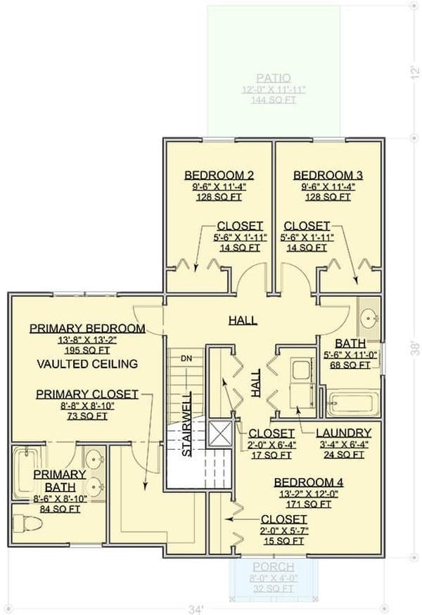 Upper Floor Layout with Efficient Bedroom Arrangement