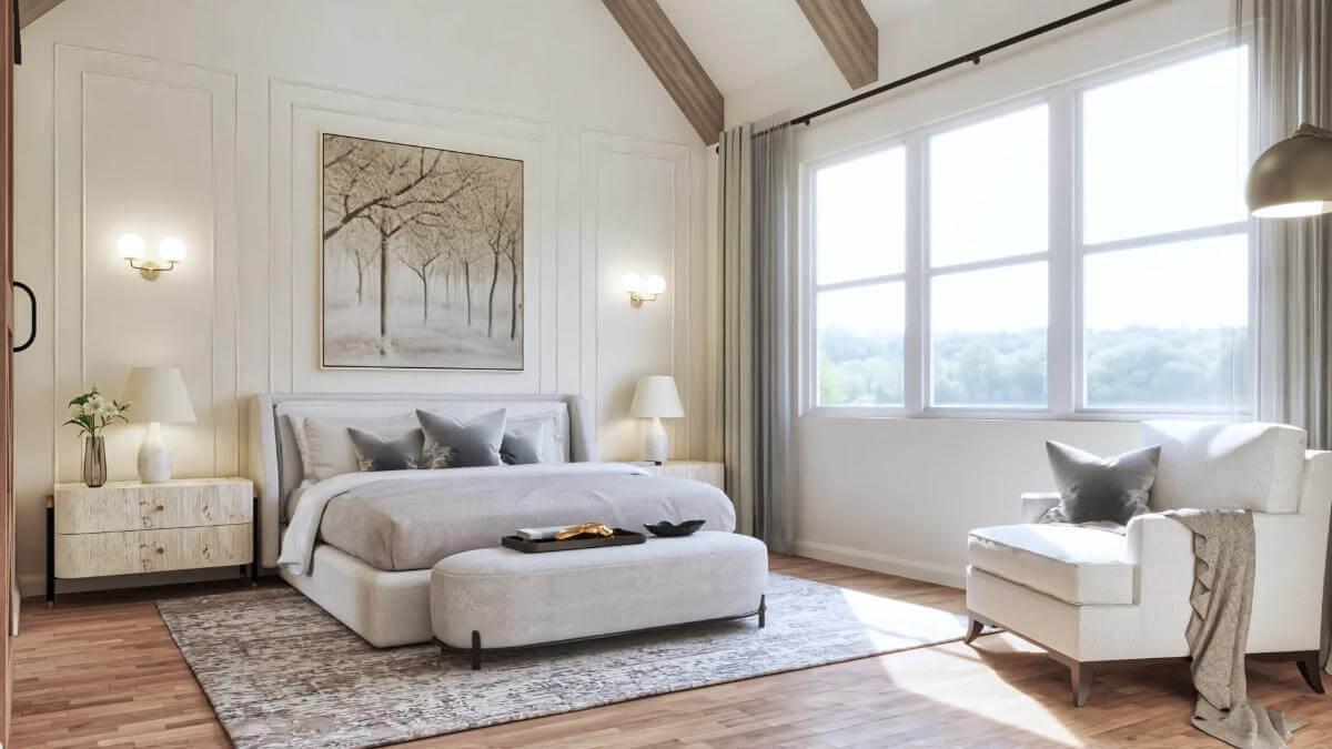 Vaulted Ceilings and Neutral Tones Create a Serene Bedroom Retreat