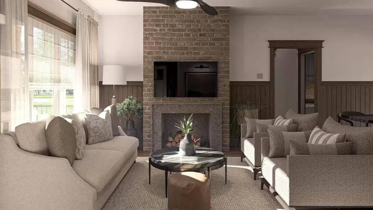 Brick Fireplace and Textured Furnishings Make This Craftsman Living Room Stand Out