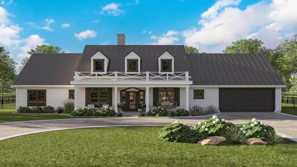 Gabled Rooflines Define This Farmhouse Exterior with Classic Charm