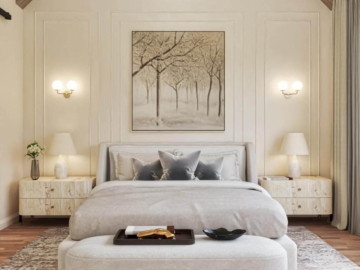 Minimalist Bedroom with Wood Accents and Elegant Wall Sconces