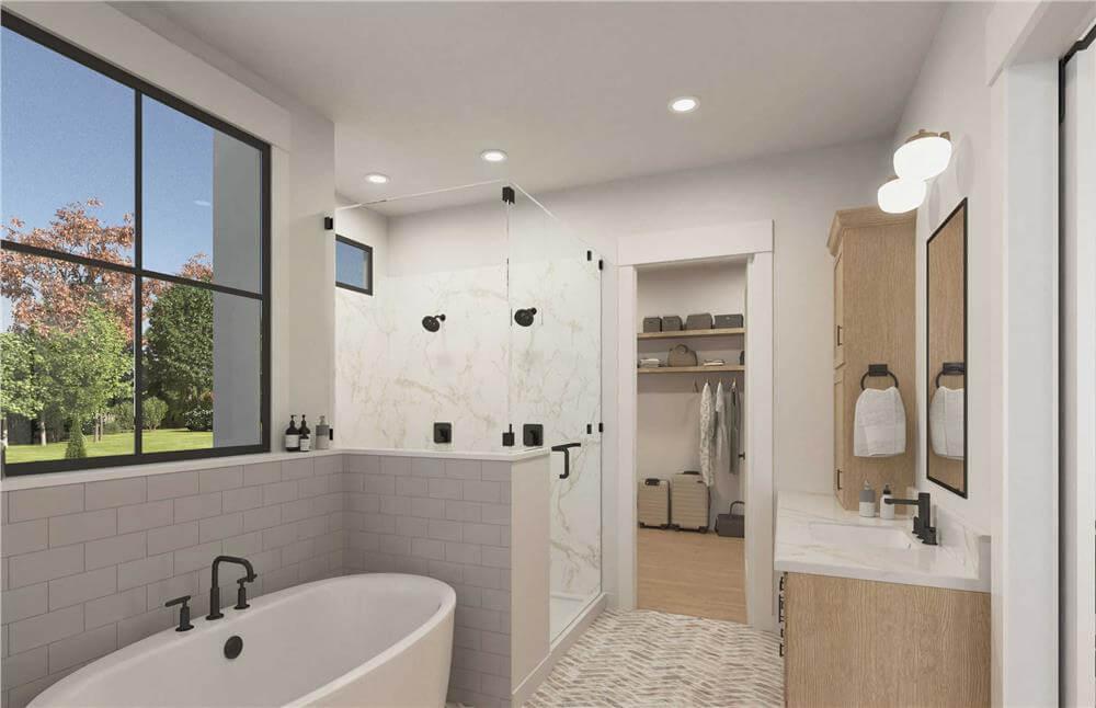 Freestanding Tub and Marble Accents Make This Craftsman Bathroom a Sanctuary