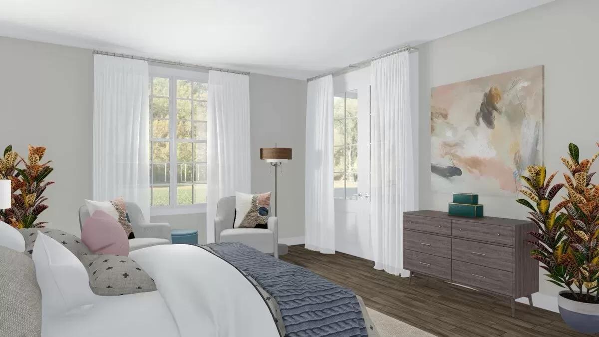 Bright Bedroom Retreat with Serene Views and Artful Decor