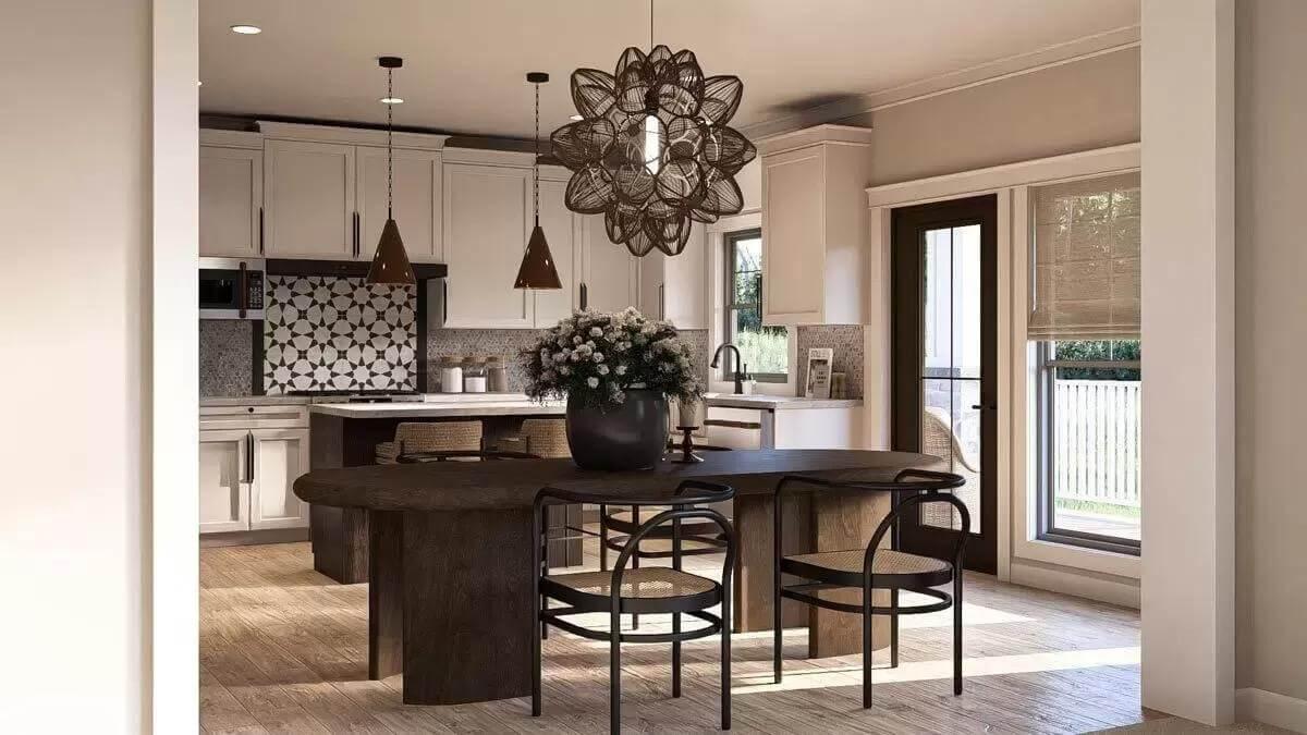 A Craftsman Kitchen Featuring a Bold Pendant Light Over a Sleek Table