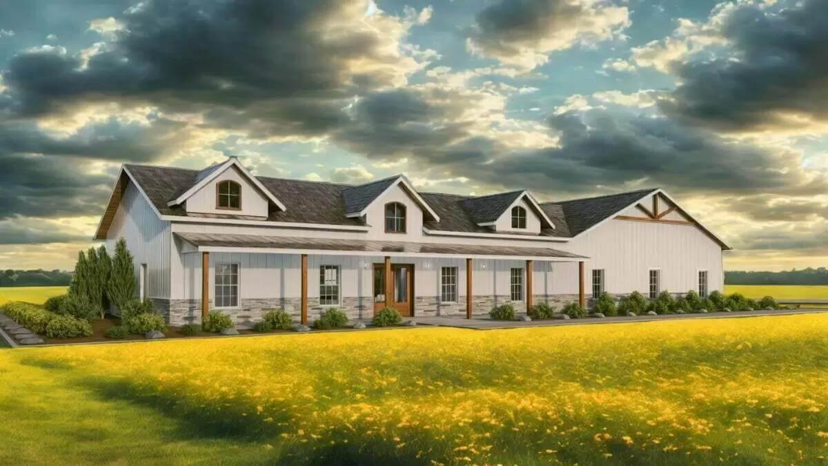 Notice the Long Porch of This Idyllic Farmhouse with Dormer Windows
