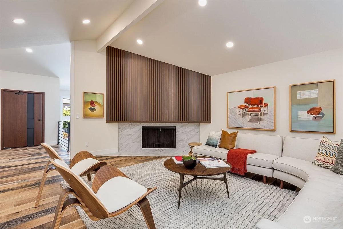 Check Out the Sleek Wood Slat Accent Over the Fireplace