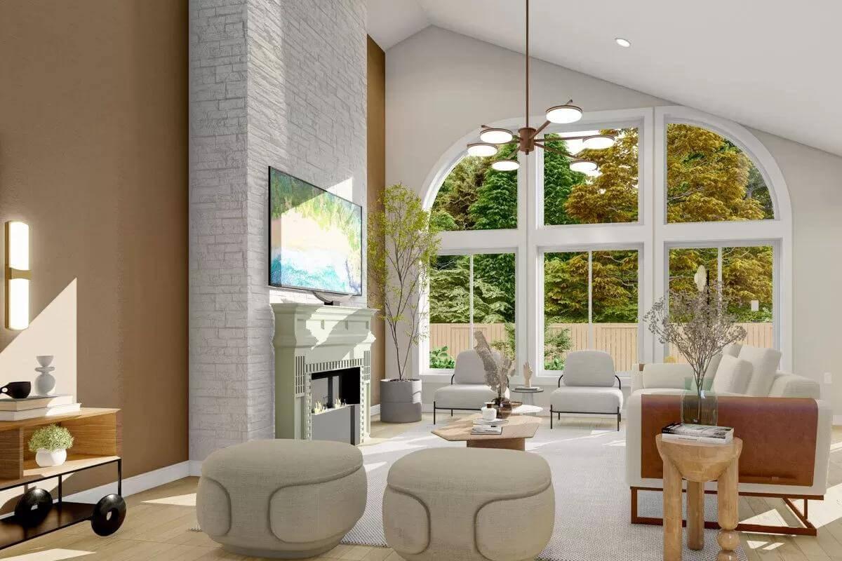 Stunning Great Room with Vaulted Ceilings and a Stone Fireplace