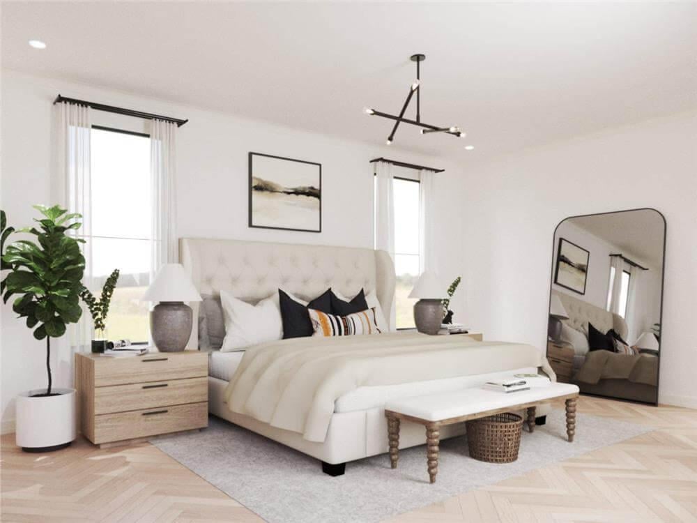 Relax in This Elegant Bedroom with a Striking Floor Mirror