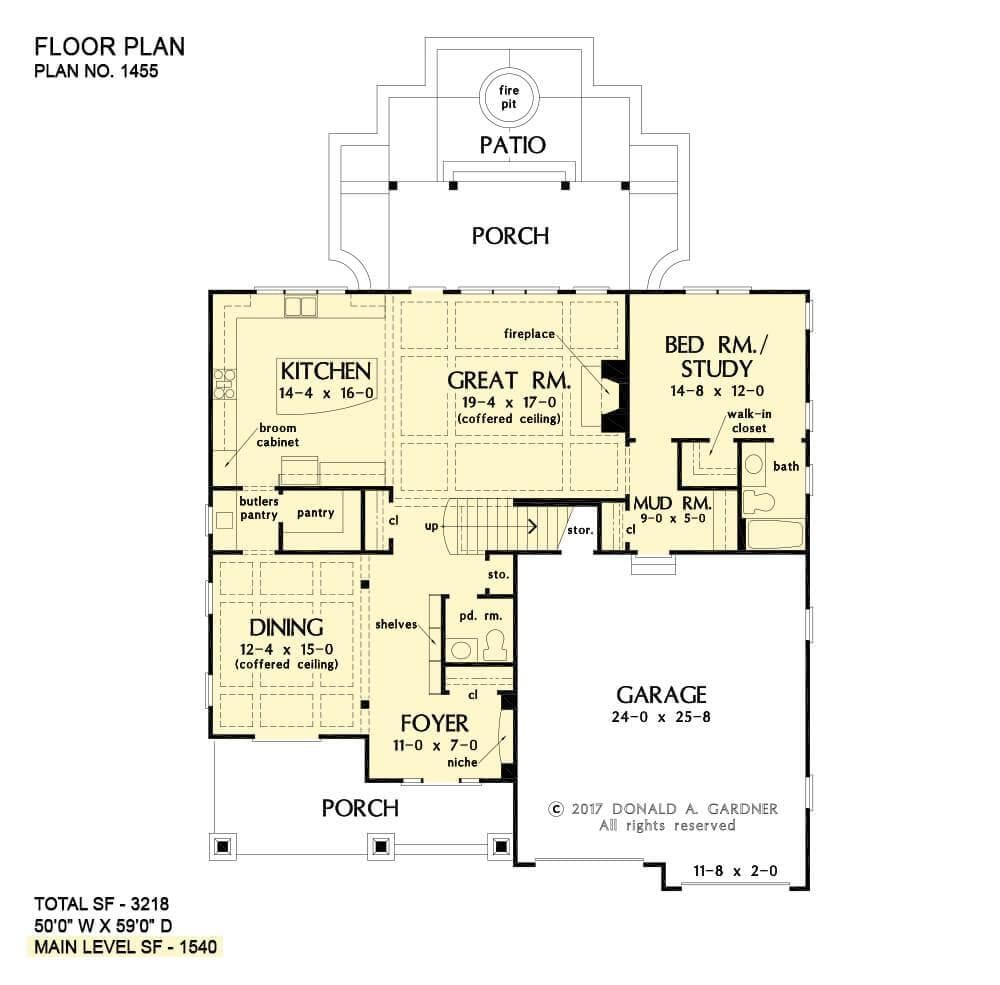 Spacious Great Room with Coffered Ceiling and Fireplace