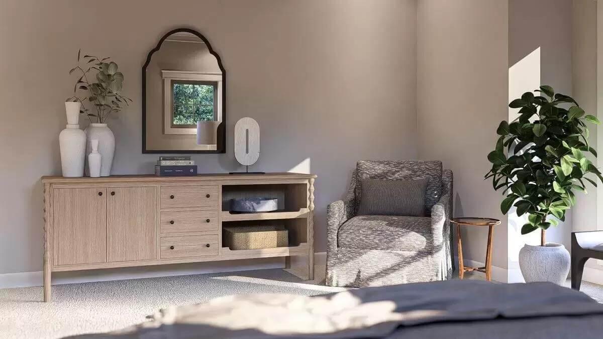 Calming Bedroom Nook with Soft Textures and a Touch of Green