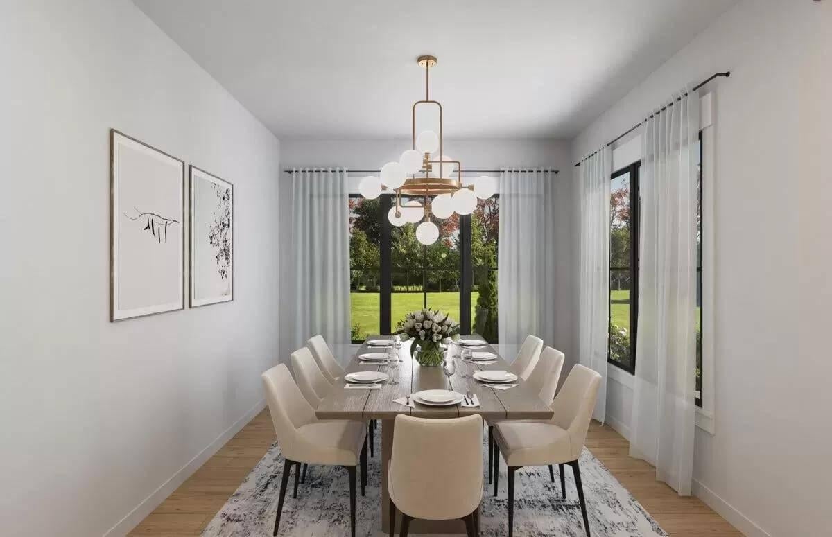 Gather Around the Rustic Dining Table Under a Modern Chandelier
