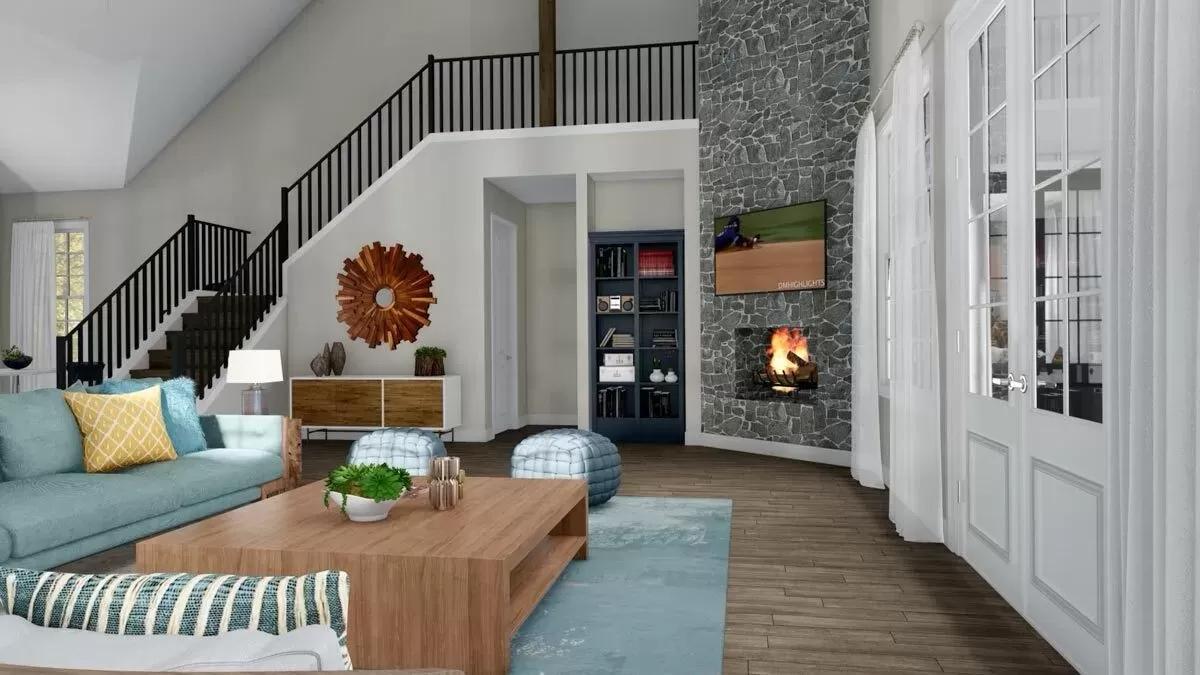 Spacious Living Room with a Striking Stone Fireplace and Open Staircase