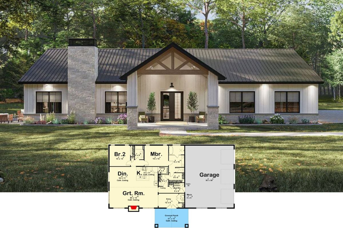 Barndominium-Style 2-Bedroom Home with Covered Front Porch and Open-Concept Living (Floor Plan)