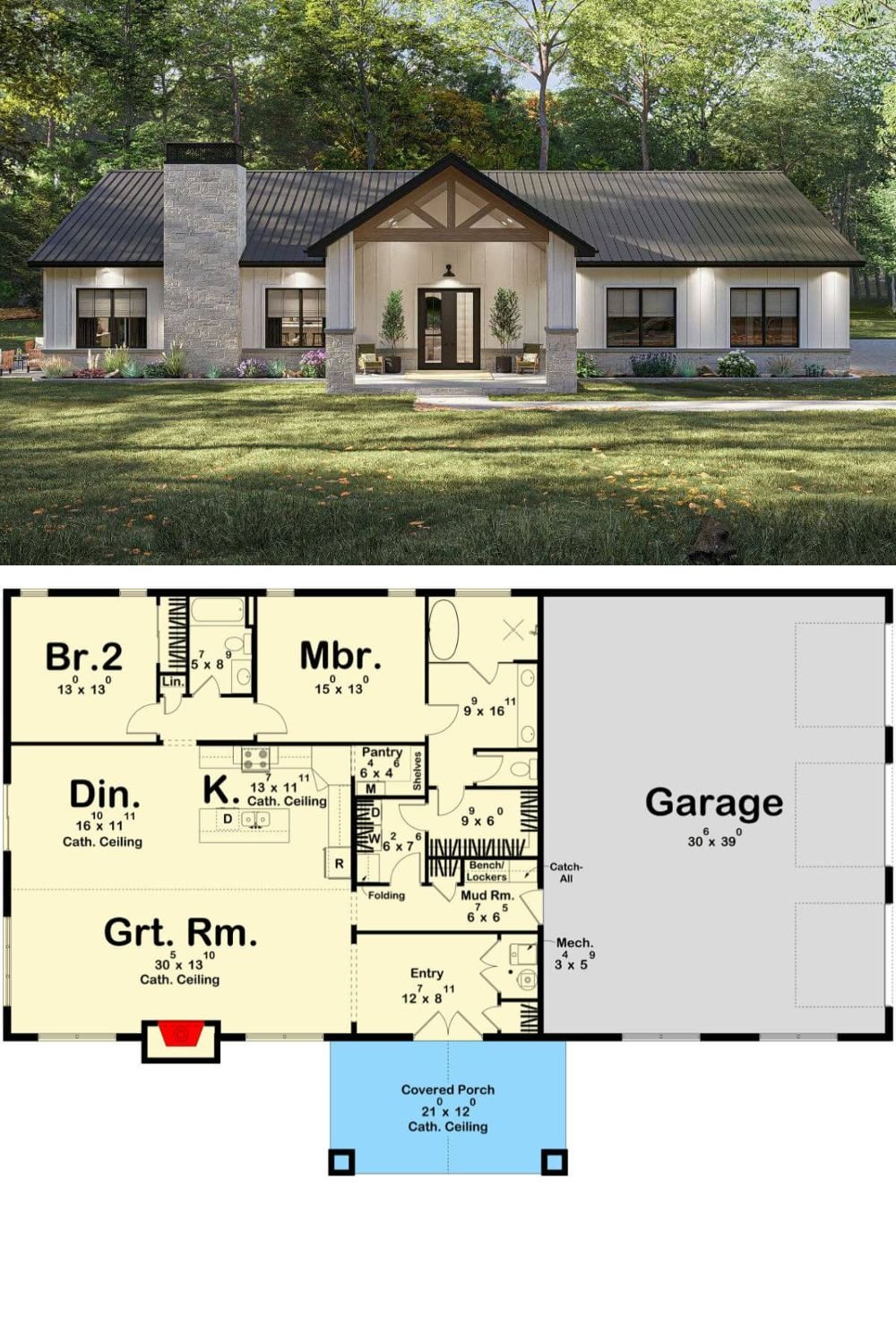 This modern barndominium-style home combines rustic charm with clean, contemporary details showcasing board-and-batten siding in a soft, neutral tone, contrasted by a dark metal gable roof that adds a sleek, industrial flair. A central covered front porch with exposed trusses and stone-wrapped columns welcomes guests, drawing attention to the symmetrical façade. A prominent stone chimney anchors the left side of the home, offering texture and visual weight.