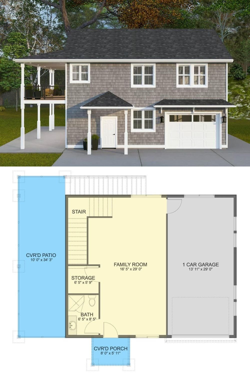 This Cape Cod-style home features a timeless exterior clad in gray cedar shingles, contrasted by crisp white trim and a charcoal shingle roof. The symmetrical front is punctuated by evenly spaced windows with white shutters and a small gabled portico that highlights the front entrance. A single-car garage is seamlessly integrated into the design, while a raised side deck with a covered section adds an inviting, elevated outdoor living space supported by classic white posts.