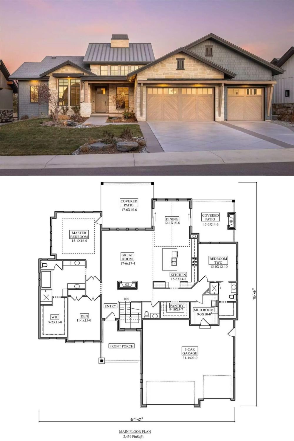 This contemporary Craftsman residence showcases a sophisticated fusion of rustic charm and modern elegance. The exterior highlights a mix of stone, vertical siding, and wood accents, complemented by a sleek metal roof and oversized grid windows that add visual interest and character. A covered front entry with timber detailing provides a warm welcome, while the three-car garage features stylish wooden doors that tie together the earthy, natural materials of the façade.