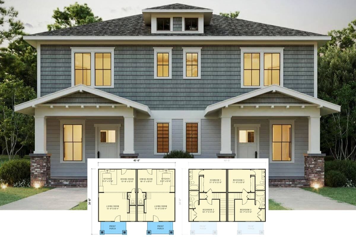 Craftsman-Syle Home with Front Porches and 2-Bed Units (Floor Plan)