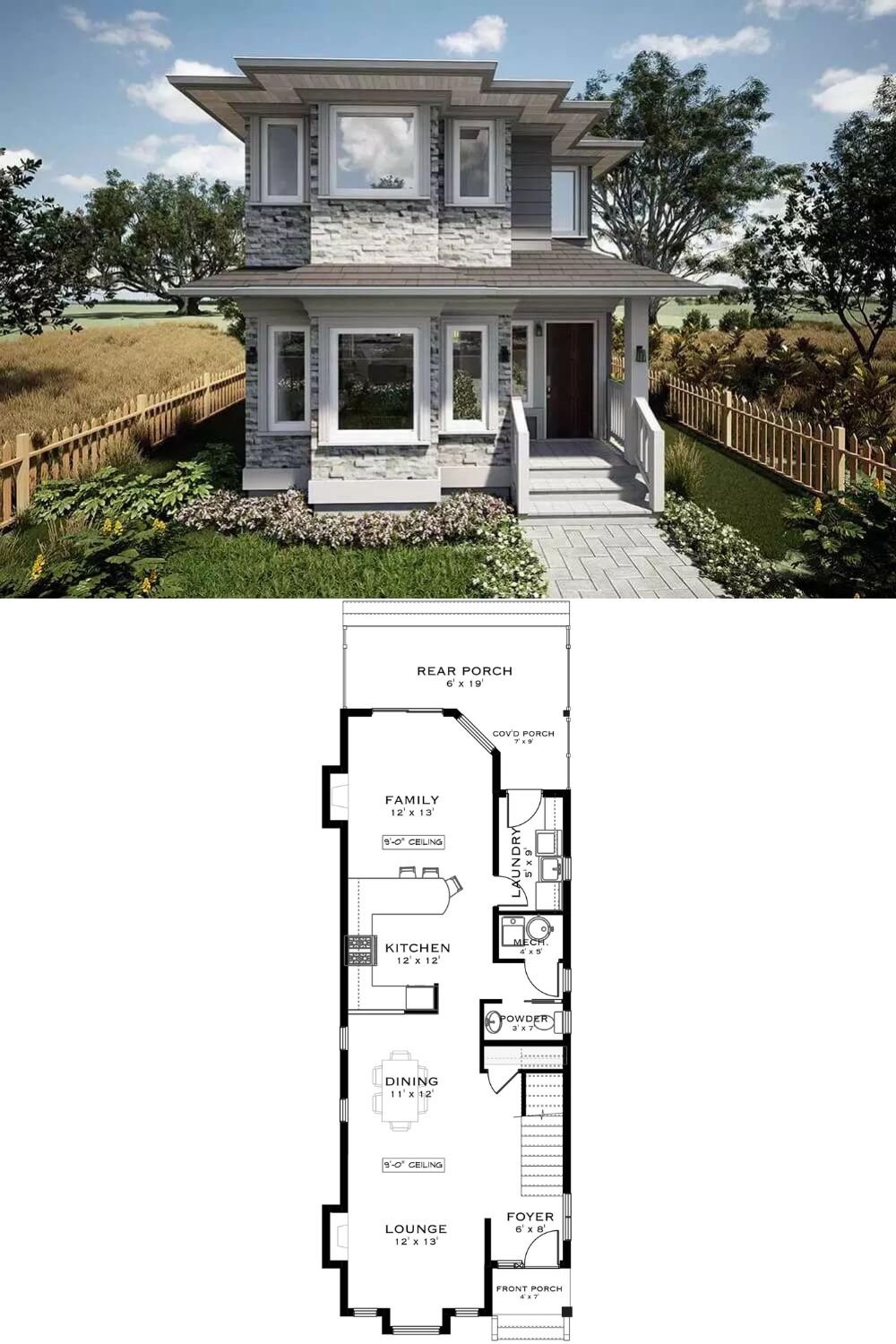 This modern compact home features a clean-lined facade with layered rooflines and a blend of stacked stone and siding for a sophisticated, urban aesthetic. Large windows dominate the symmetrical front elevation, filling the interior with natural light while adding architectural interest. A small covered entry porch supported by simple columns offers a welcoming transition into the home, ideal for narrow urban lots or infill locations.