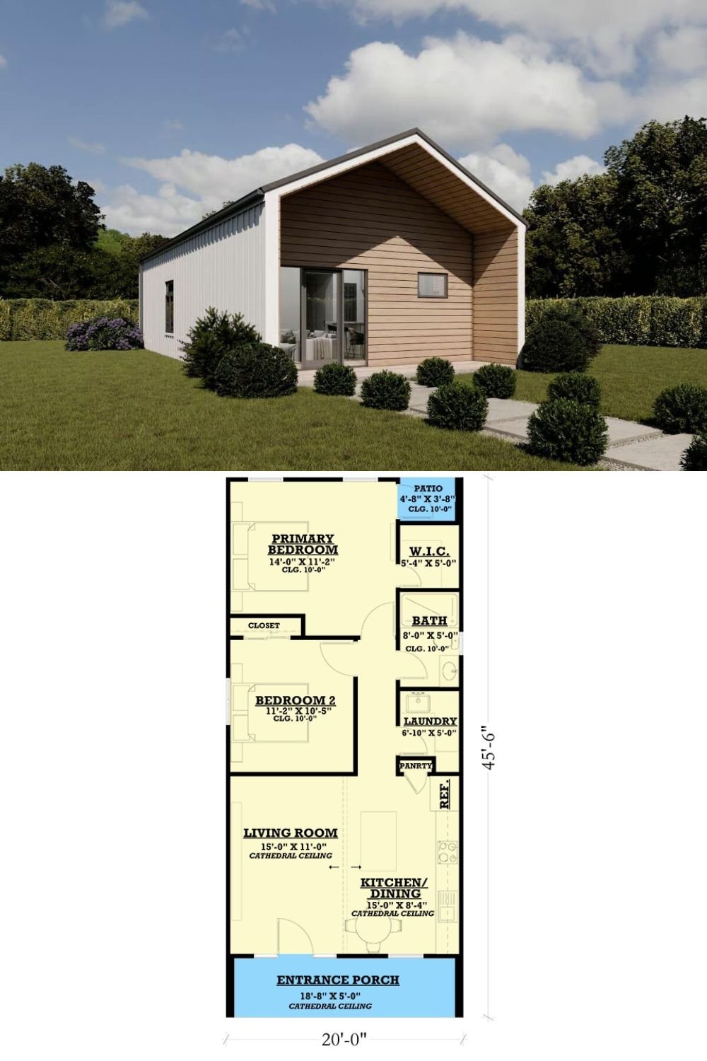 This compact Scandinavian-style home embraces simplicity and warmth with a modern touch. The exterior combines a clean-lined gable roof with a blend of horizontal wood cladding and vertical metal siding, creating visual interest while maintaining a minimalist aesthetic. A recessed entry porch under the main roofline adds depth and character, offering both shelter and architectural charm.