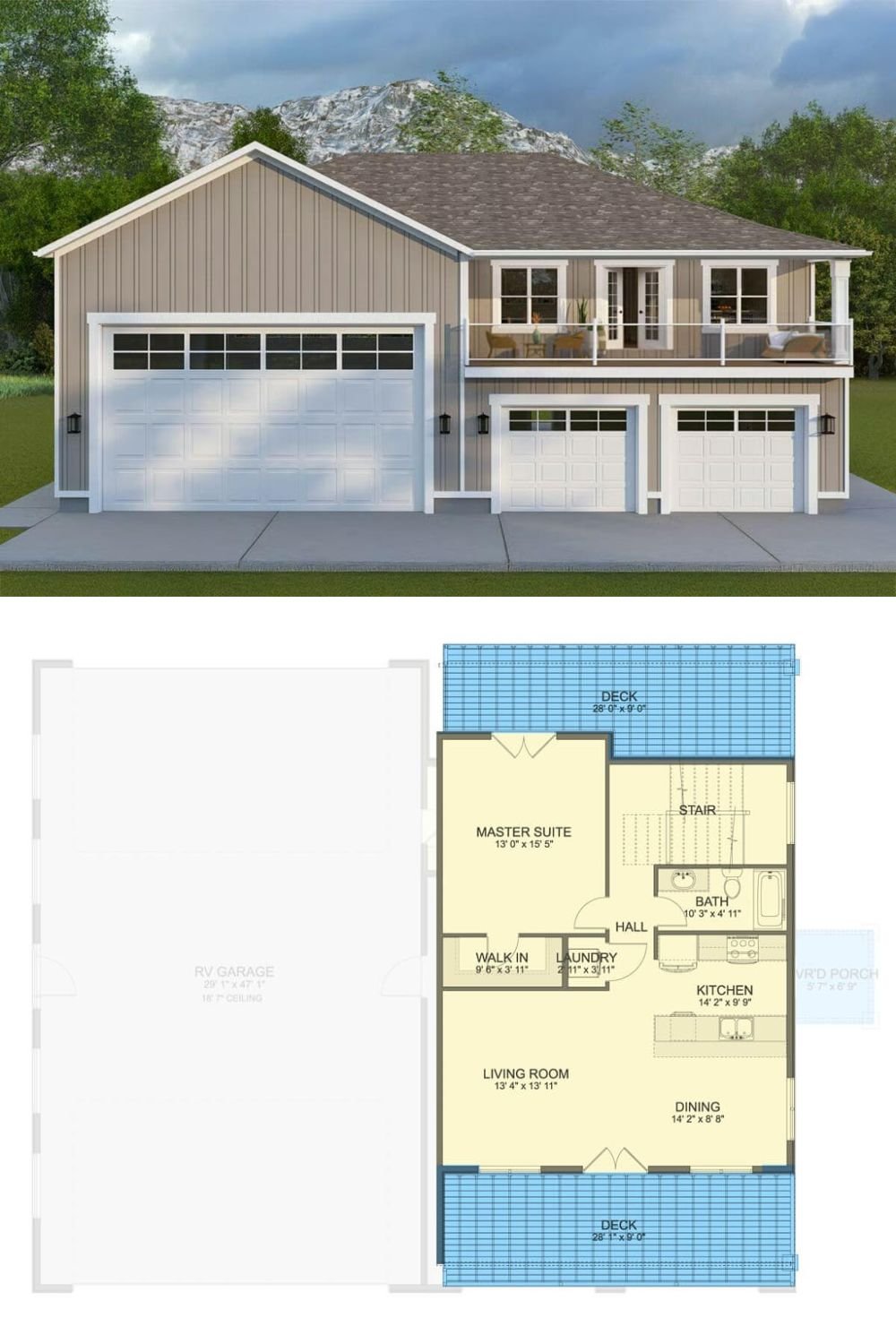 This traditional carriage-style home presents a clean, tailored facade with a combination of practical garage bays and elevated living space. Vertical siding in a soft, earthy tone contrasts nicely with crisp white trim, creating a polished yet welcoming look. The structure includes a large upper-level deck bordered with a modern glass railing, accessible through French doors, offering a comfortable outdoor extension of the living area.