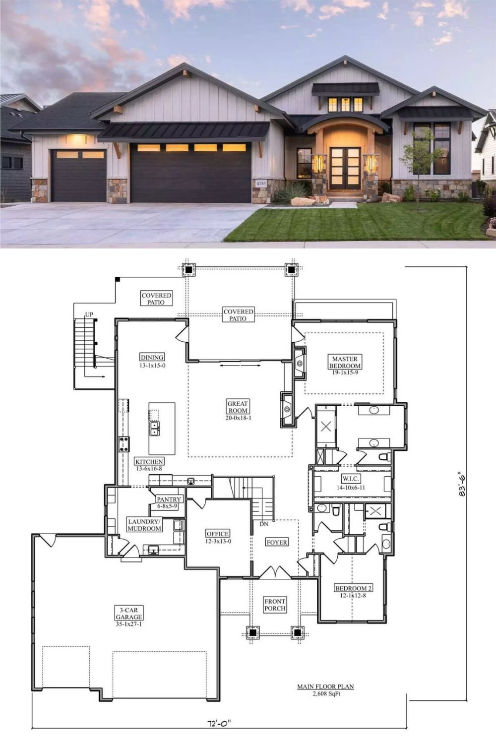 This modern farmhouse delivers a stylish fusion of contemporary lines and rustic charm, expressed through its bold contrast of white vertical siding and dark trim. Accented with a sweeping arched entry and substantial stone bases on the porch columns, the home presents a balanced aesthetic of warmth and sophistication. Black-framed windows, industrial-style lighting, and a sleek three-car garage enhance the clean geometry and sharp rooflines, creating strong curb appeal.