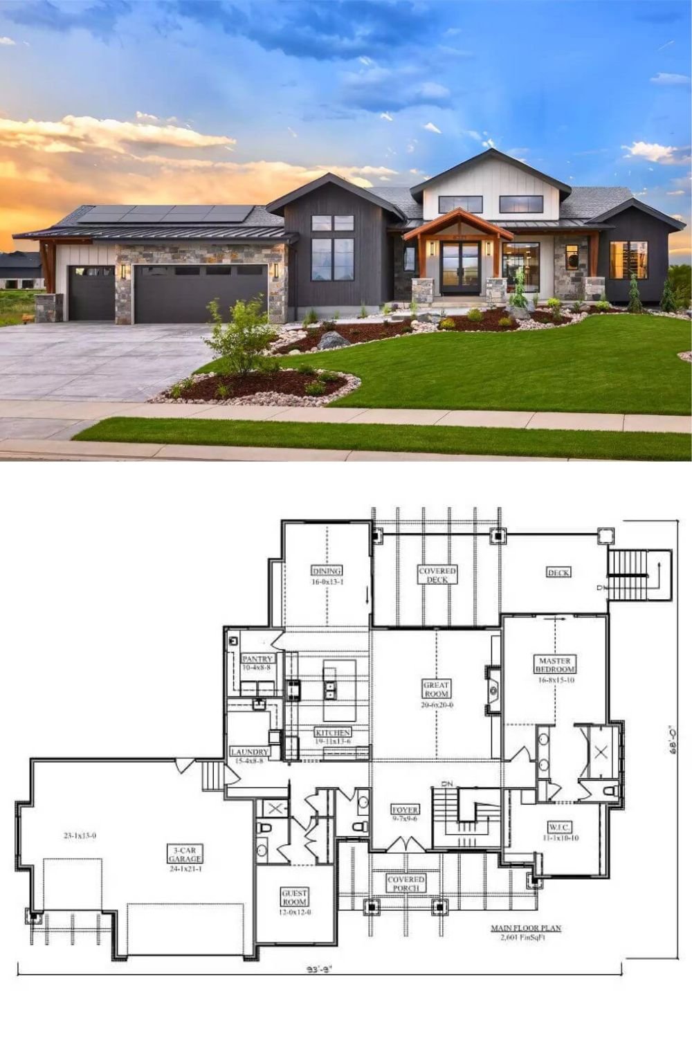 This striking contemporary home showcases a modern exterior design defined by its clean lines, mixed materials, and a bold yet inviting aesthetic. The covered entryway, supported by tapered stone columns and topped with a wood-accented gable roof, welcomes guests with rustic charm. A spacious three-car garage integrates seamlessly into the design and includes rooftop solar panels, adding an eco-conscious touch to the home’s functionality.