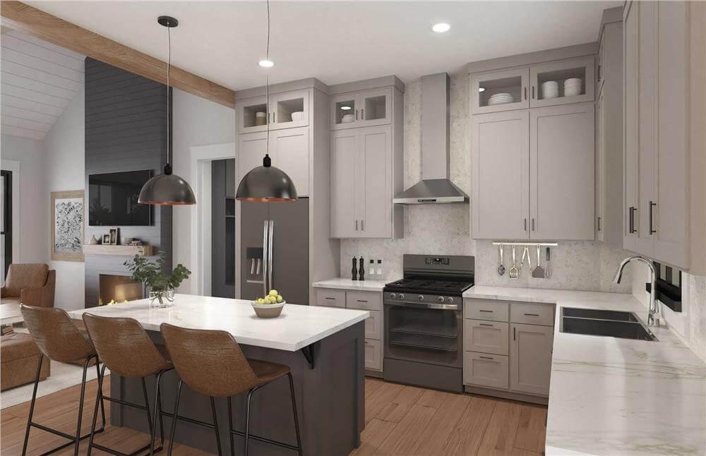 Notice the Industrial Pendants Enhancing This Sleek Craftsman Kitchen
